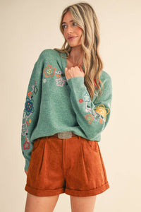 Thumbnail for FLORAL EMBROIDERY PULLOVER SWEATER MSW10963