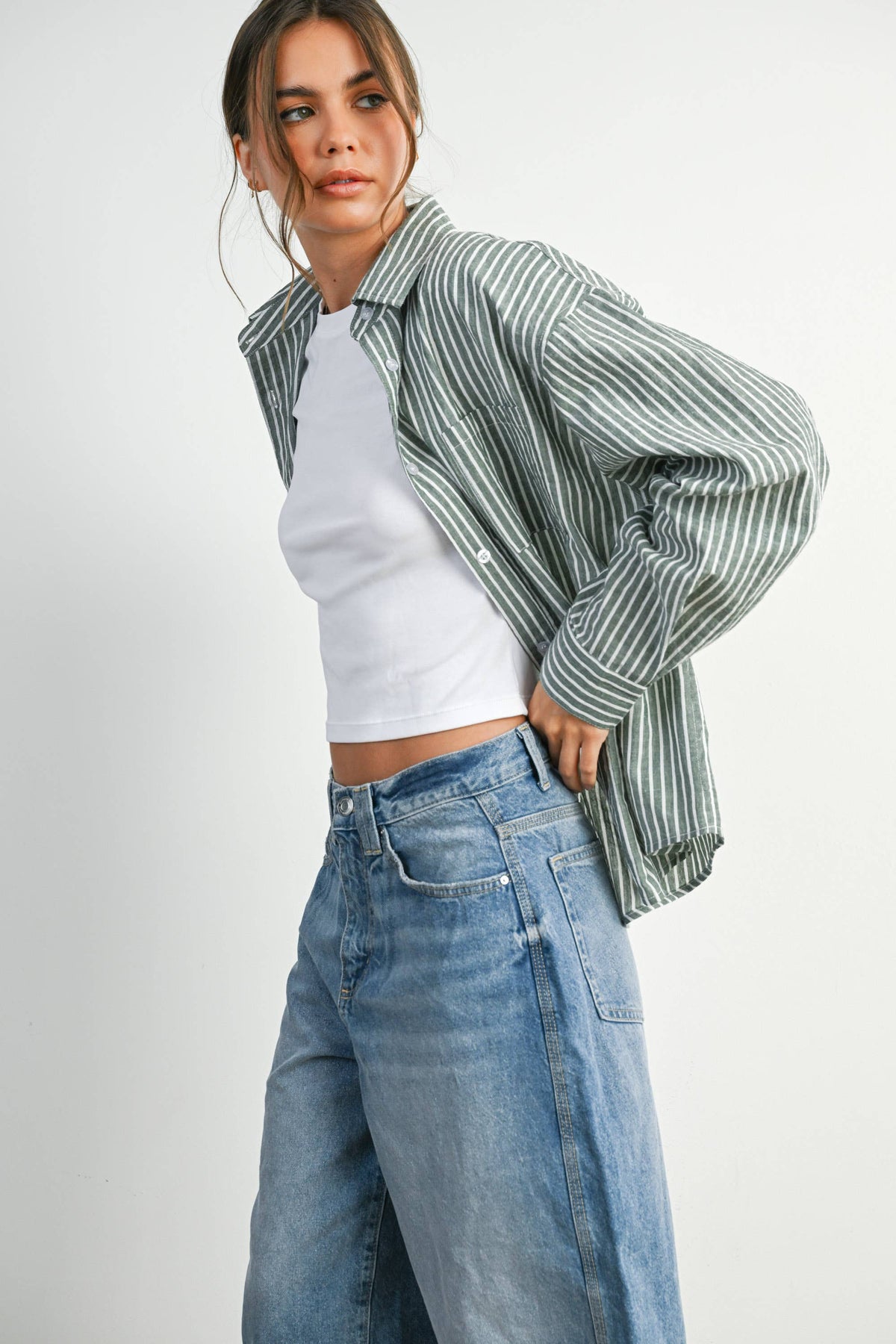 Cropped Striped Button-Up Collared Long Sleeve Top - BMT7915