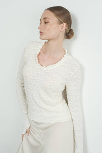 Thumbnail for Elegant Cream Lace Long-Sleeve Top with Ruffle Details and U-Neckline