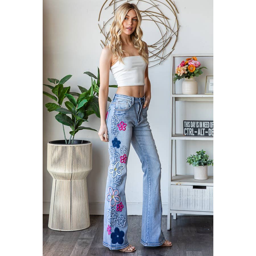 WASHED FLOWER EMBROIDERY DENIM PANTS