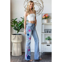 Thumbnail for WASHED FLOWER EMBROIDERY DENIM PANTS