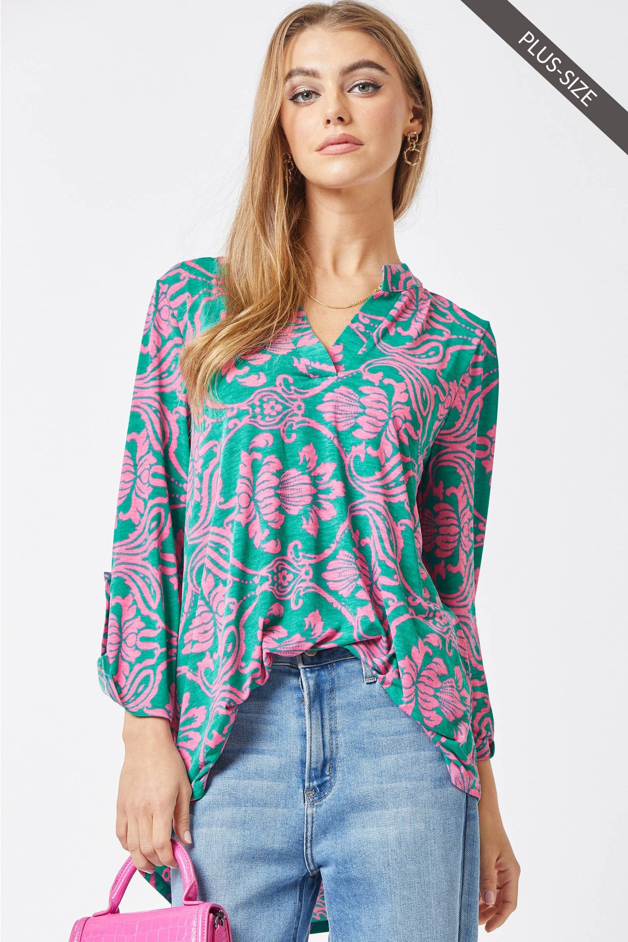 PLUS SIZE 3/4 Sleeve Lizzy Wrinkle Free Blouse: Emerald Pink