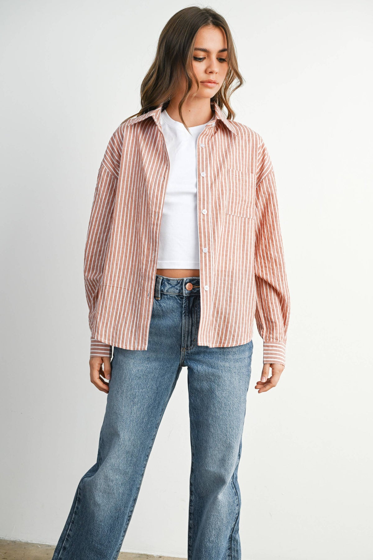 Cropped Striped Button-Up Collared Long Sleeve Top - BMT7915