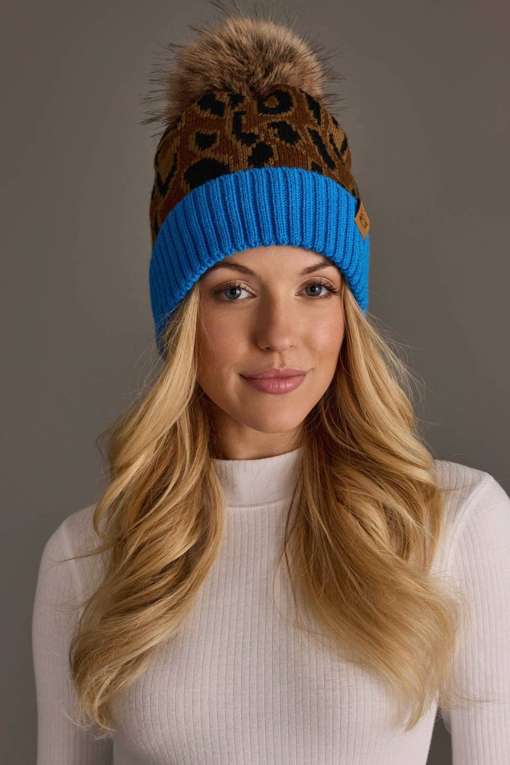 Brown Leopard Pattern Pom Hat with Blue Cuff