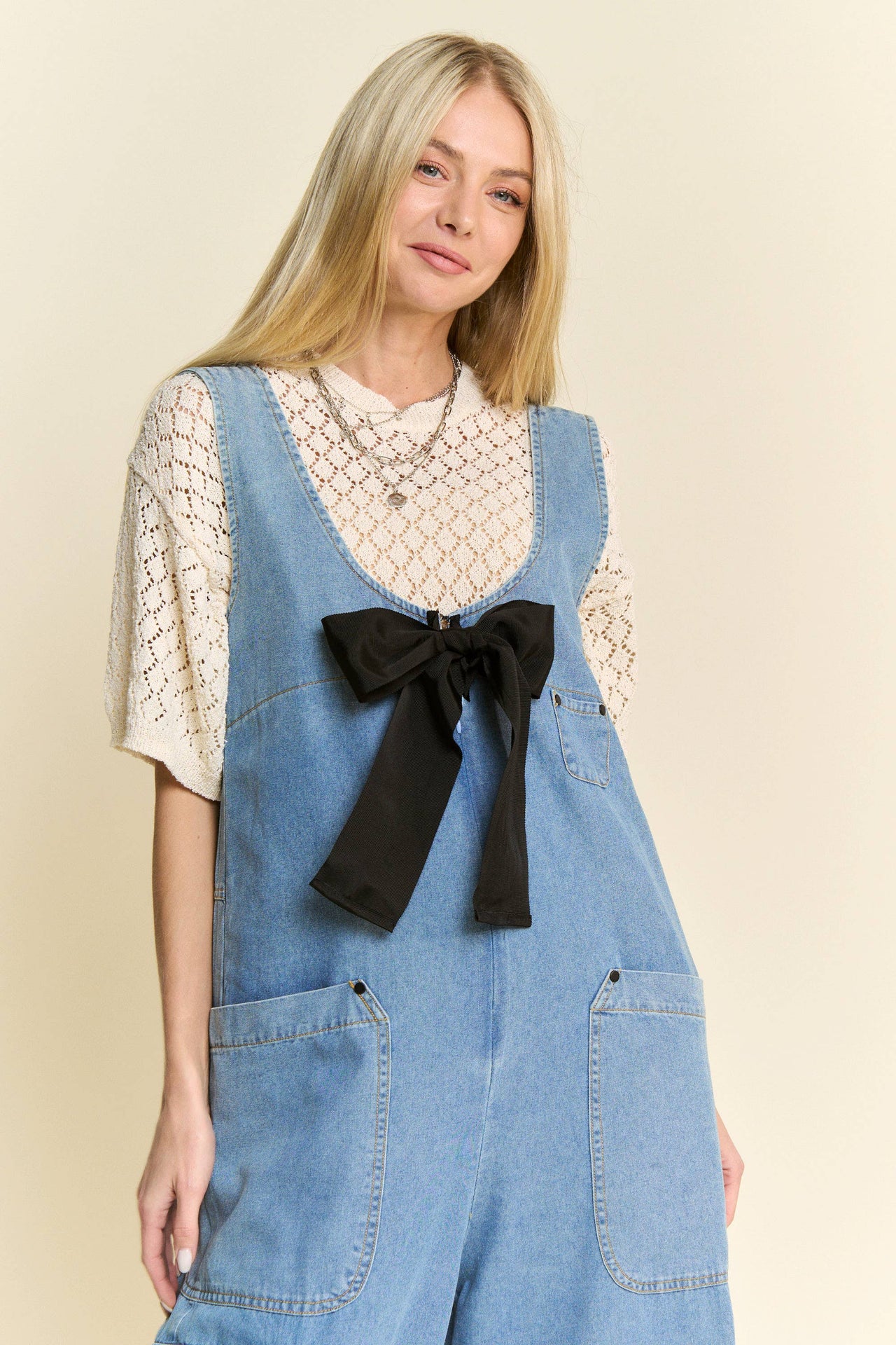 WASHED SOFT DENIM BOW TIE ZIPPER FRONT JUMPSUIT