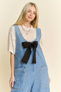 Thumbnail for WASHED SOFT DENIM BOW TIE ZIPPER FRONT JUMPSUIT