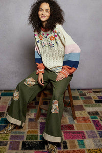 Thumbnail for Color block pattern floral embroidered chenille sweater top