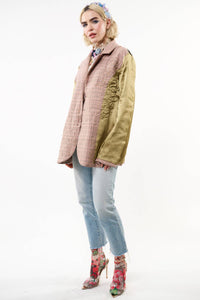 Thumbnail for Pink Ash Washed Button-Up Blazer with Embroidered Patches and Velvet Elbow Details