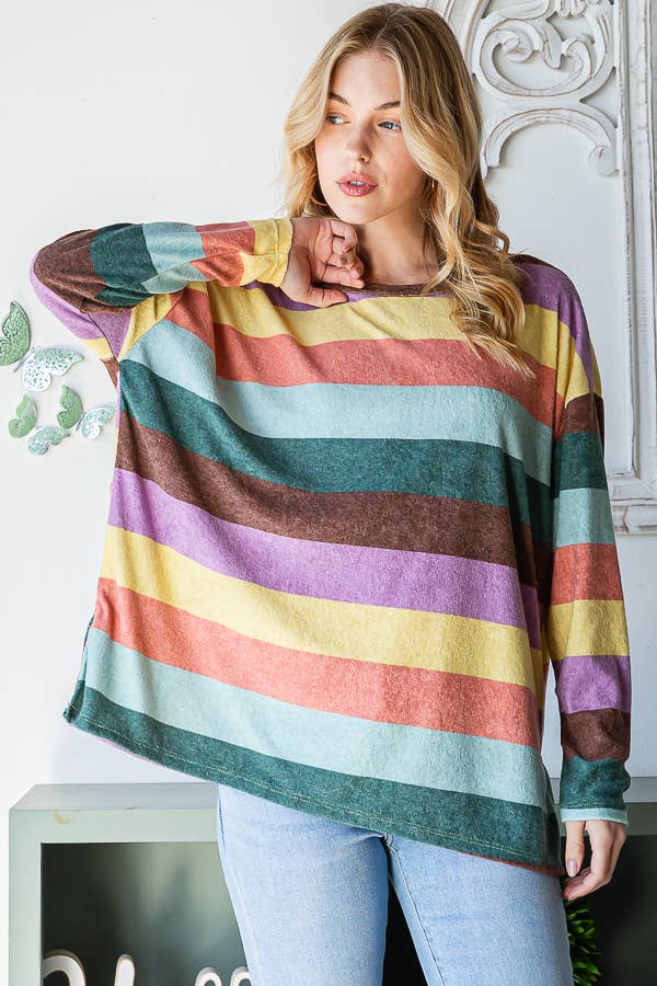 Multi-color Stripe Top with a Roundneck and Slits