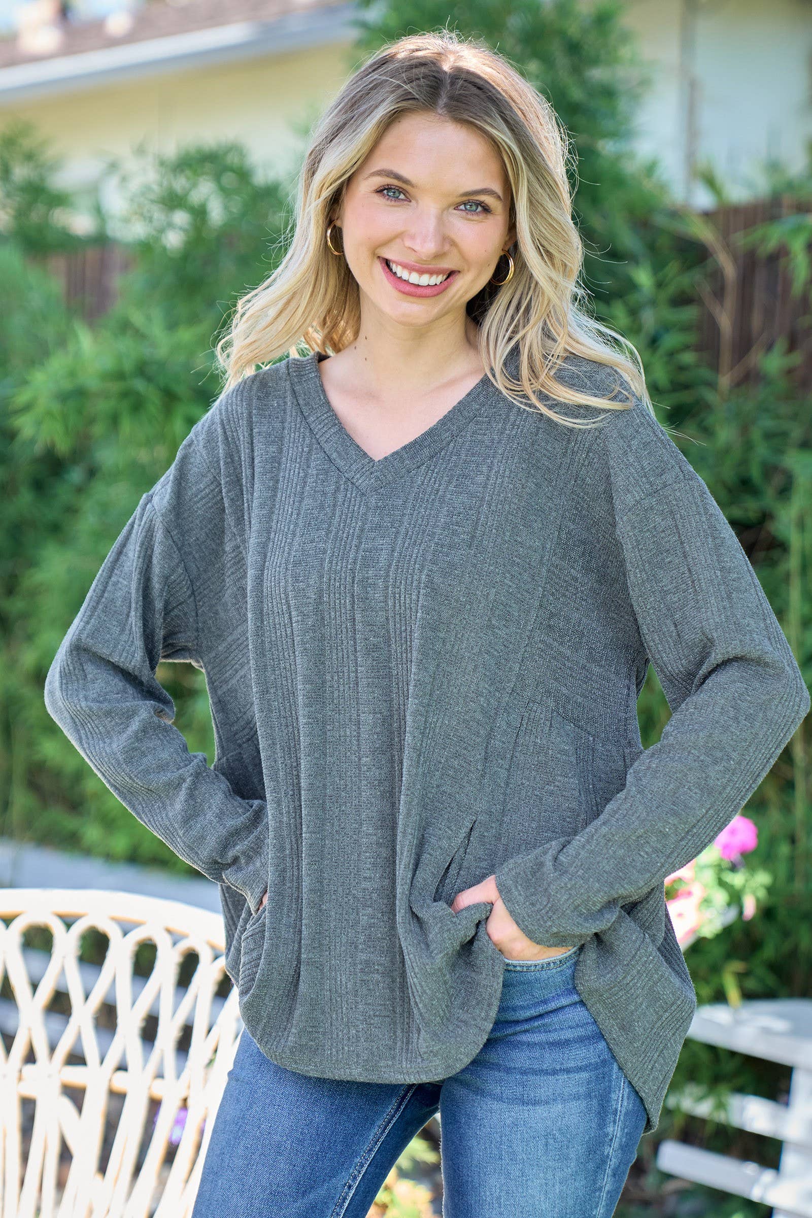 Plus size Rib knit long sleeve top with side yoke.