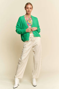 Thumbnail for Spring Green Loose-Fit Knit Cardigan with Patch Pockets and Dropped Shoulders