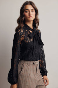 Thumbnail for Sheer Lace Tie Neck Blouse FT0059