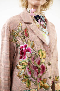 Thumbnail for Pink Ash Washed Button-Up Blazer with Embroidered Patches and Velvet Elbow Details