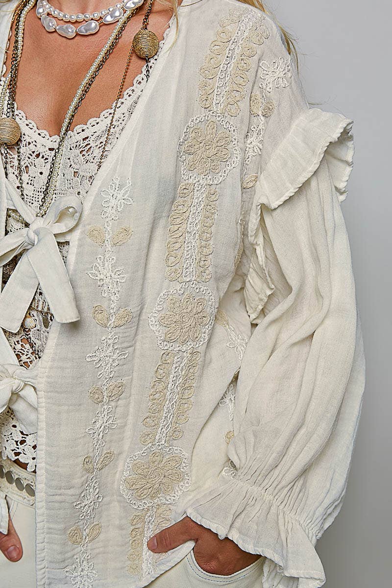 Double Gauze Embroidery Lace Trim Tie-Front Top