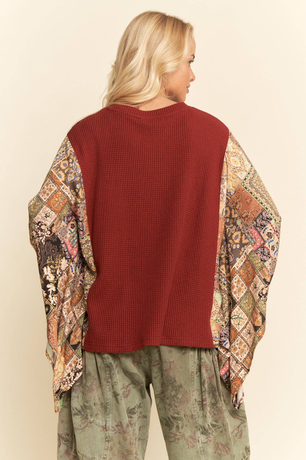 PLUS BOHO PATCHWORK KNIT TOP WITH FLOWER