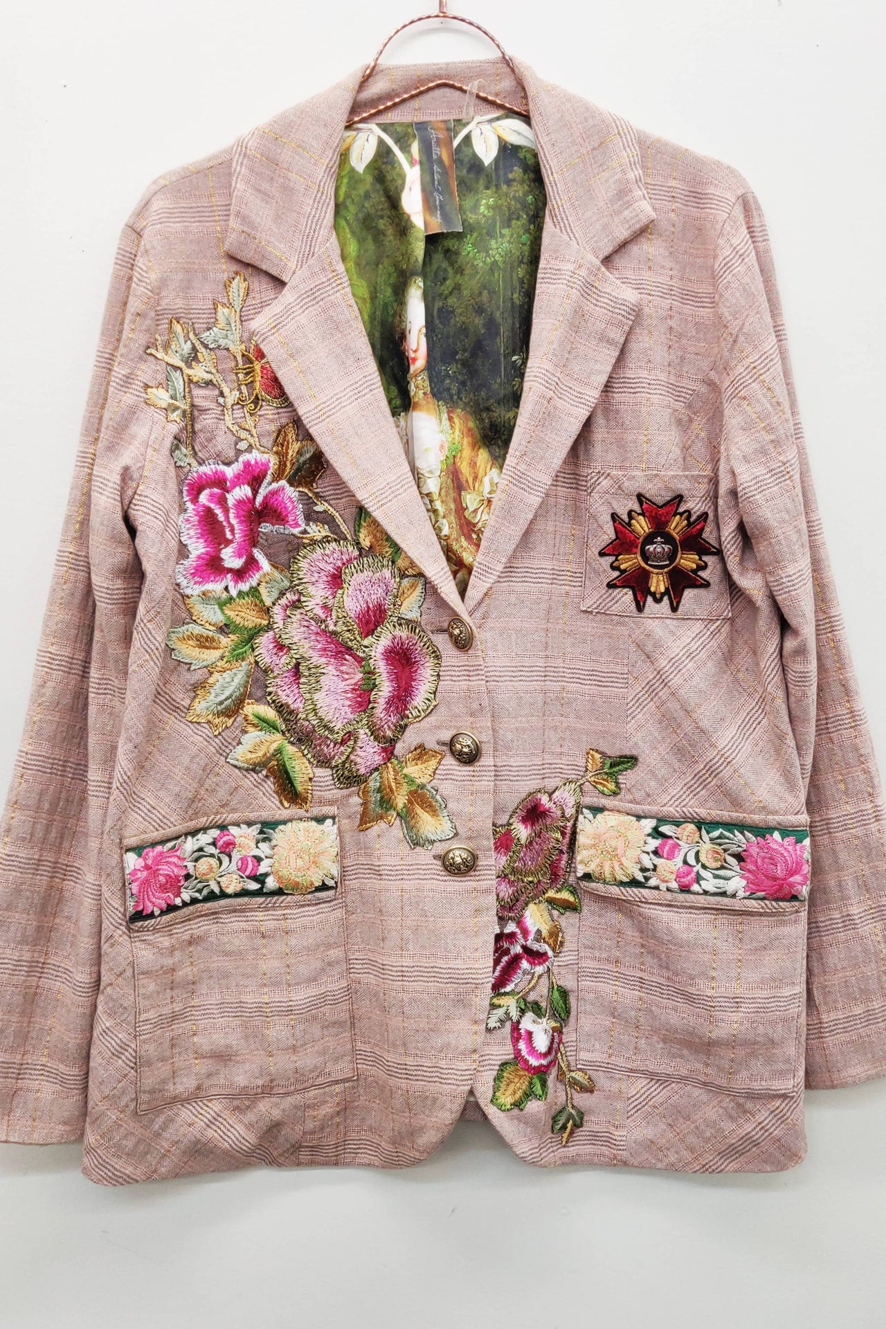 Pink Ash Washed Button-Up Blazer with Embroidered Patches and Velvet Elbow Details