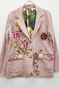 Thumbnail for Pink Ash Washed Button-Up Blazer with Embroidered Patches and Velvet Elbow Details