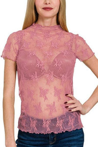 Thumbnail for Lace See-through Layering Short Sleeve Top