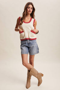 Thumbnail for Contrast Trim Sleeveless Knit Top