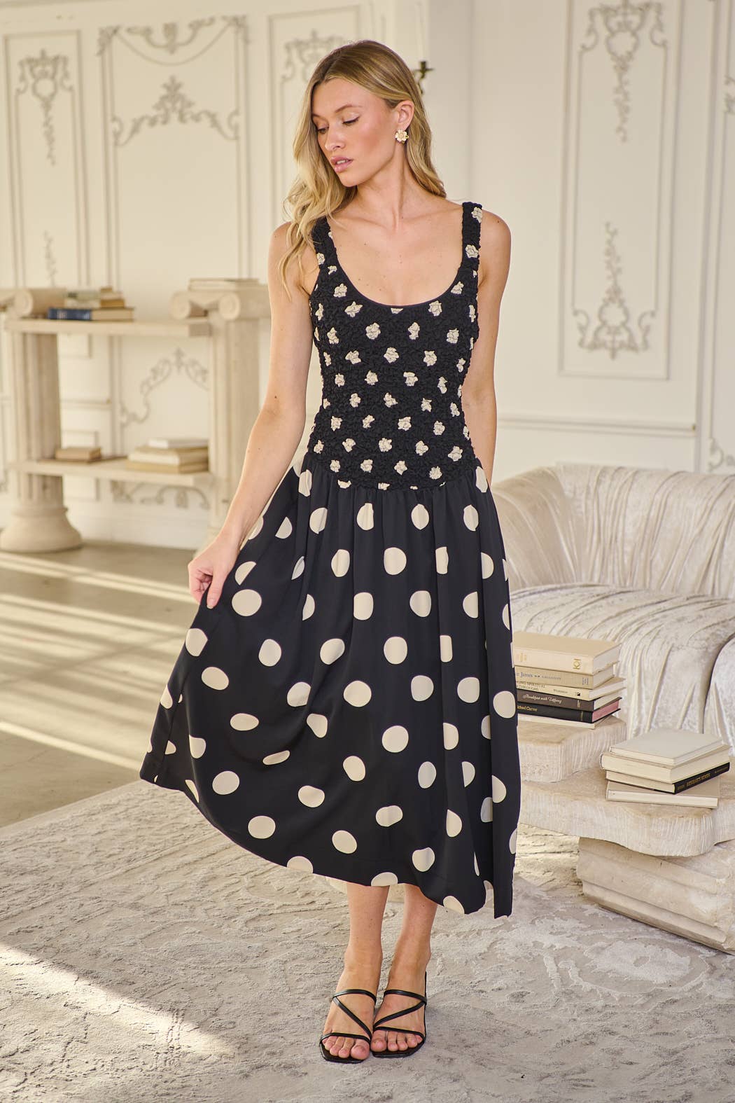 The Demi Dress, Ruched Polka Dot Midi Dress