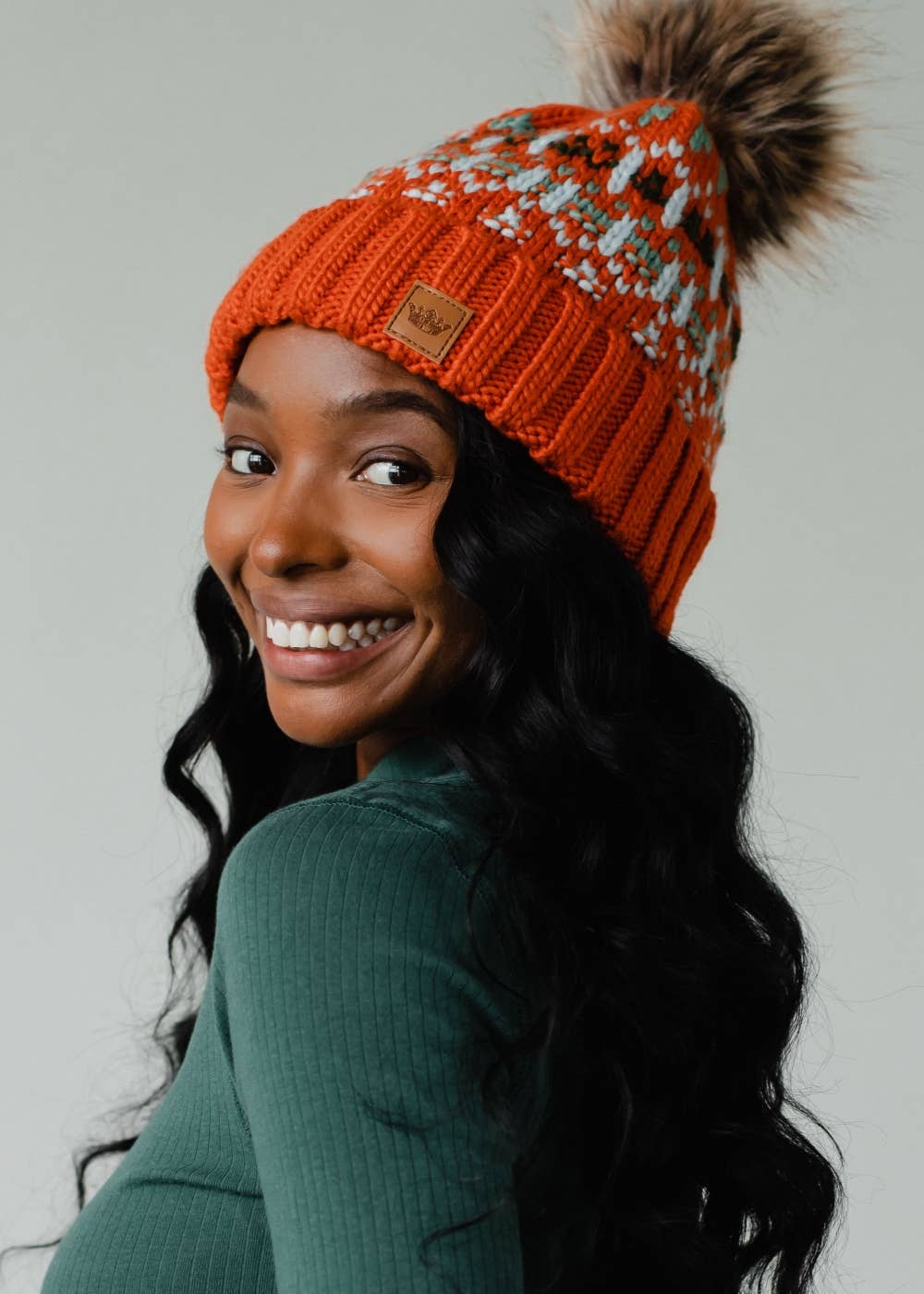 Orange, Lt. Blue, Mint & Olive Patterned Pom Hat