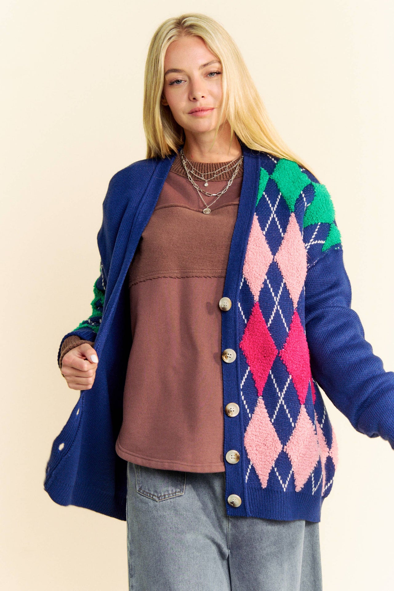 PLUSH ARGYLE BUTTON FRONT LOOSE FIT KNIT CARDIGAN