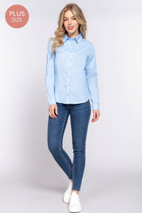 Thumbnail for [PLUS SIZE] Long Sleeve Button Down Stretch Poplin Shirt