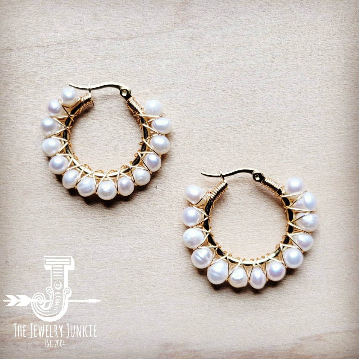 **Wire Wrapped Freshwater Pearl Beaded Hoop Earrings 221b
