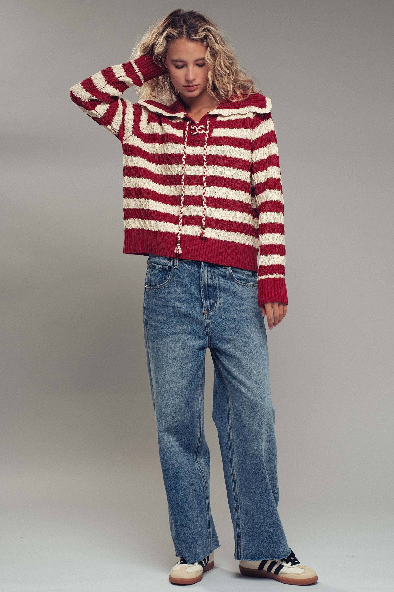 Lace-Up Cable Knit Striped Sweater Top