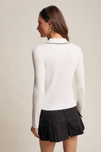 Thumbnail for Contrast Stitch Ribbed Knit Top Black and Soft Cream