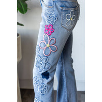 Thumbnail for WASHED FLOWER EMBROIDERY DENIM PANTS