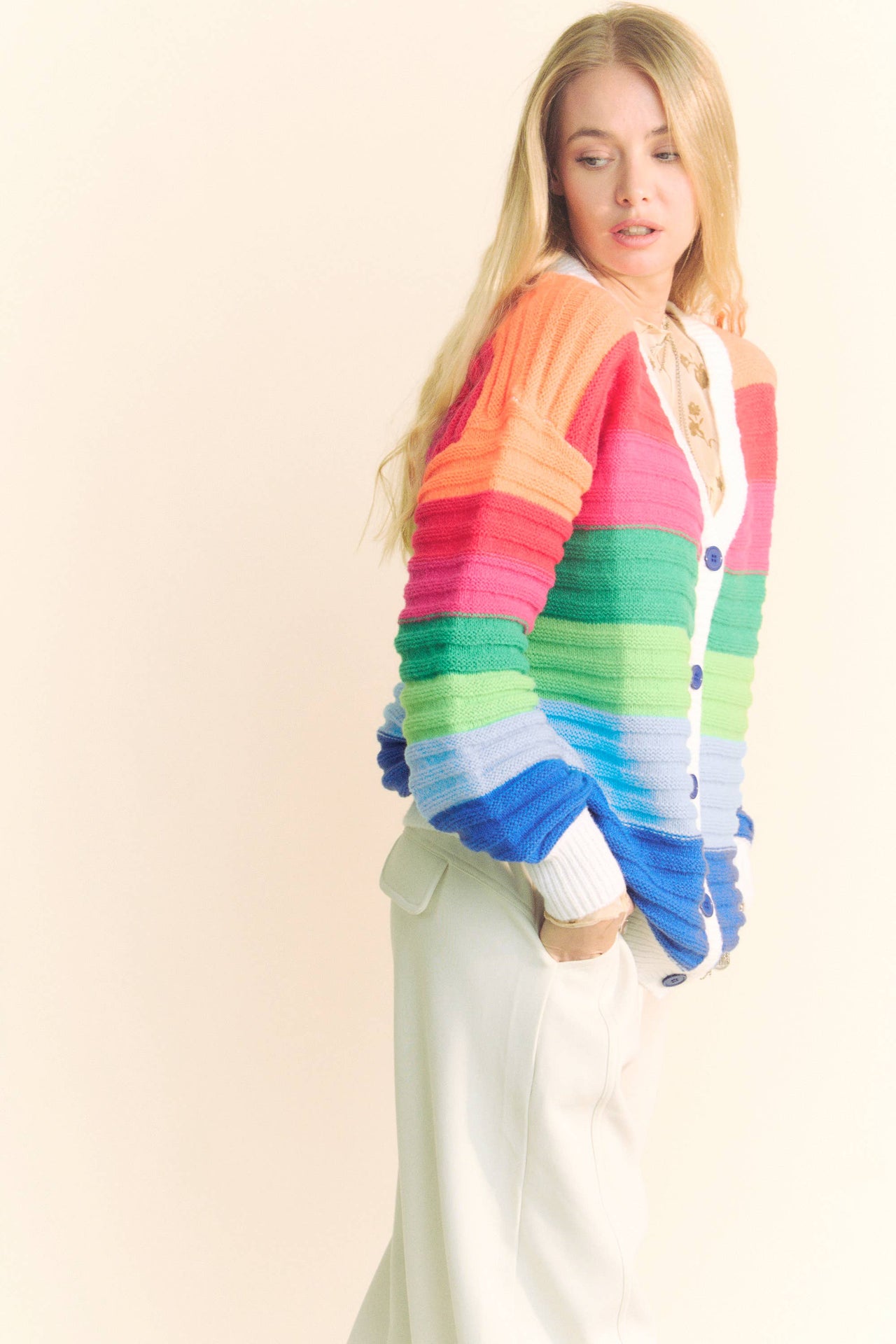 PLUS STRIPED TEXTURED KNIT MULTI SWEATER CARDIGAN: Rainbow