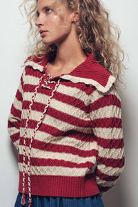 Thumbnail for Lace-Up Cable Knit Striped Sweater Top