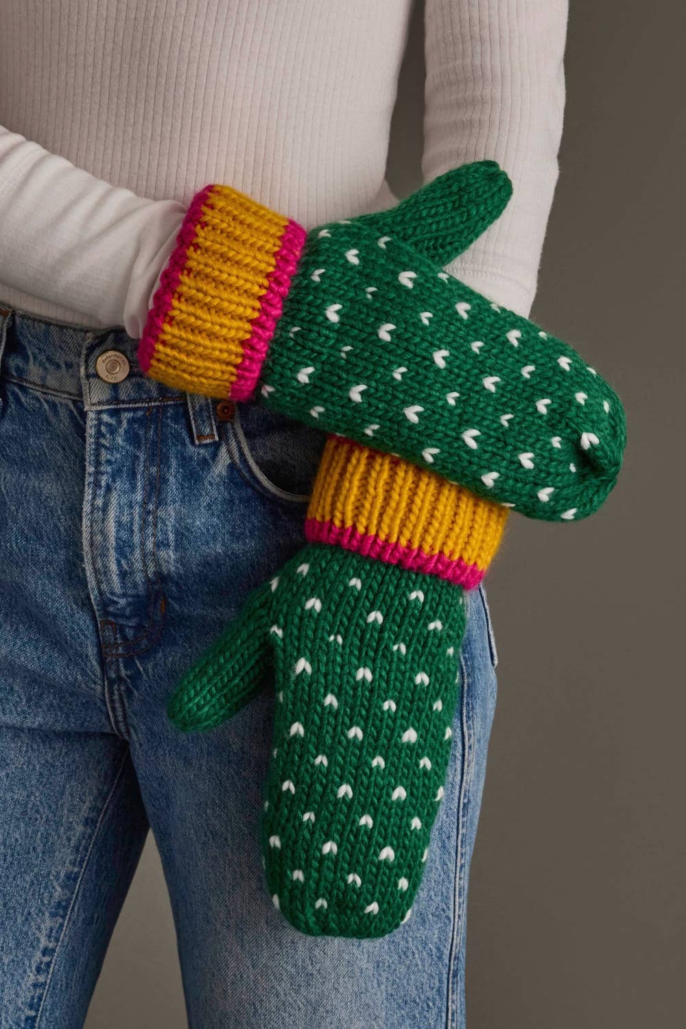 Green, White & Mustard Heart Design Mittens