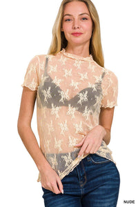 Thumbnail for Lace See-through Layering Short Sleeve Top