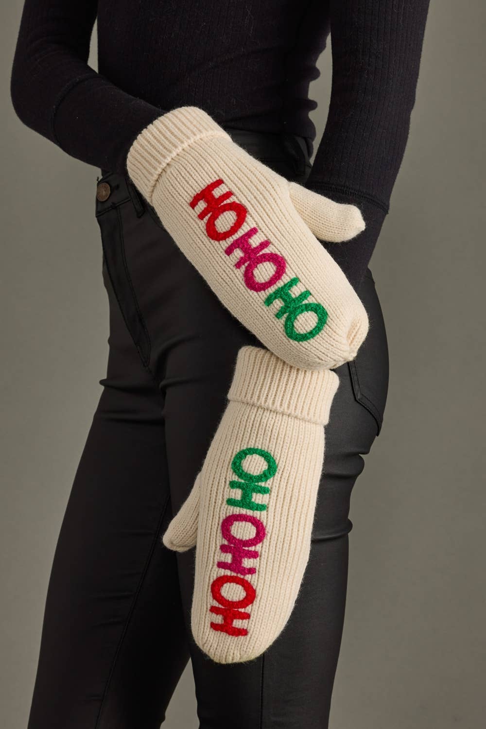 Beige Ho Ho Ho Knit Mittens