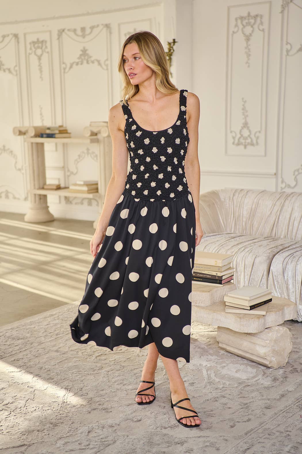 The Demi Dress, Ruched Polka Dot Midi Dress