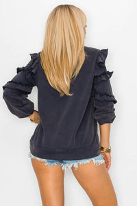 Thumbnail for Navy Ruffle Sleeve French Terry Washed Sweatshirt by Cezele | Casual Everyday Pullover