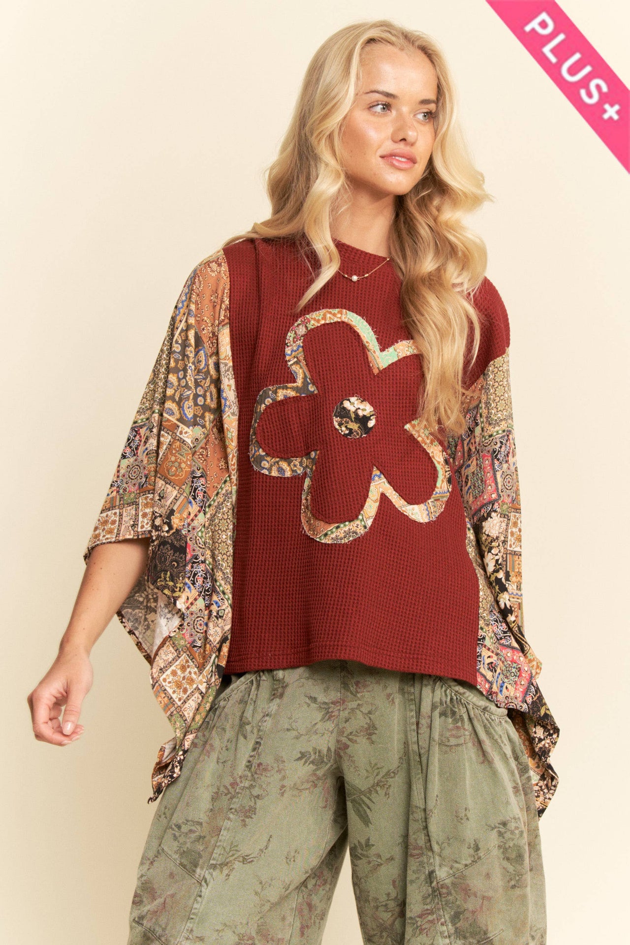 PLUS BOHO PATCHWORK KNIT TOP WITH FLOWER