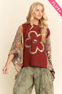 Thumbnail for PLUS BOHO PATCHWORK KNIT TOP WITH FLOWER