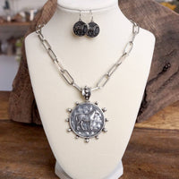 Thumbnail for Equestrian Western Horse Coin Statement Necklace Set – Worn Silver Tone