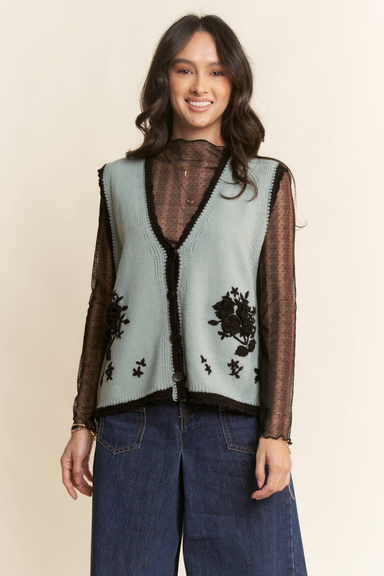 FLORAL EMBROIDERED LACE SWEATER KNIT VEST TOP