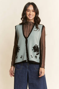 Thumbnail for FLORAL EMBROIDERED LACE SWEATER KNIT VEST TOP