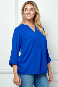 Thumbnail for PLUS SIZE COBALT TAB SLEEVE MANDARIN COLLAR SHIRT