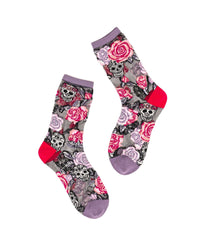 Thumbnail for Skulls & Roses Black Sheer Crew Sock