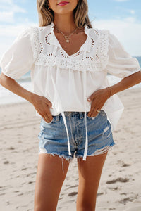 Thumbnail for Embroidered Lace Puff Short Sleeve Blouse
