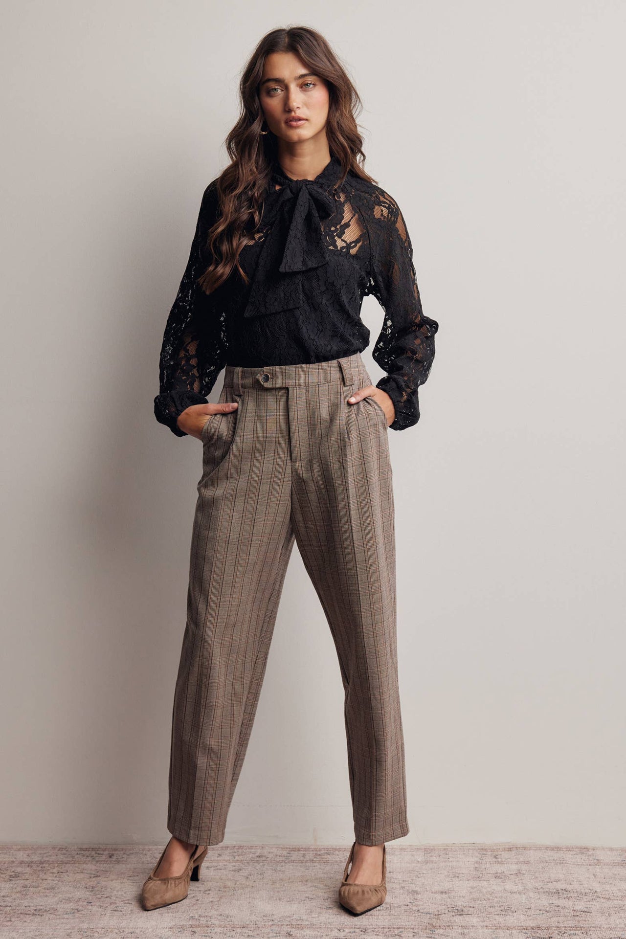 Sheer Lace Tie Neck Blouse FT0059