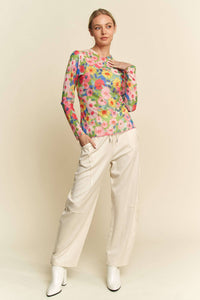 Thumbnail for Floral Mesh Round Neck Long-Sleeve Top