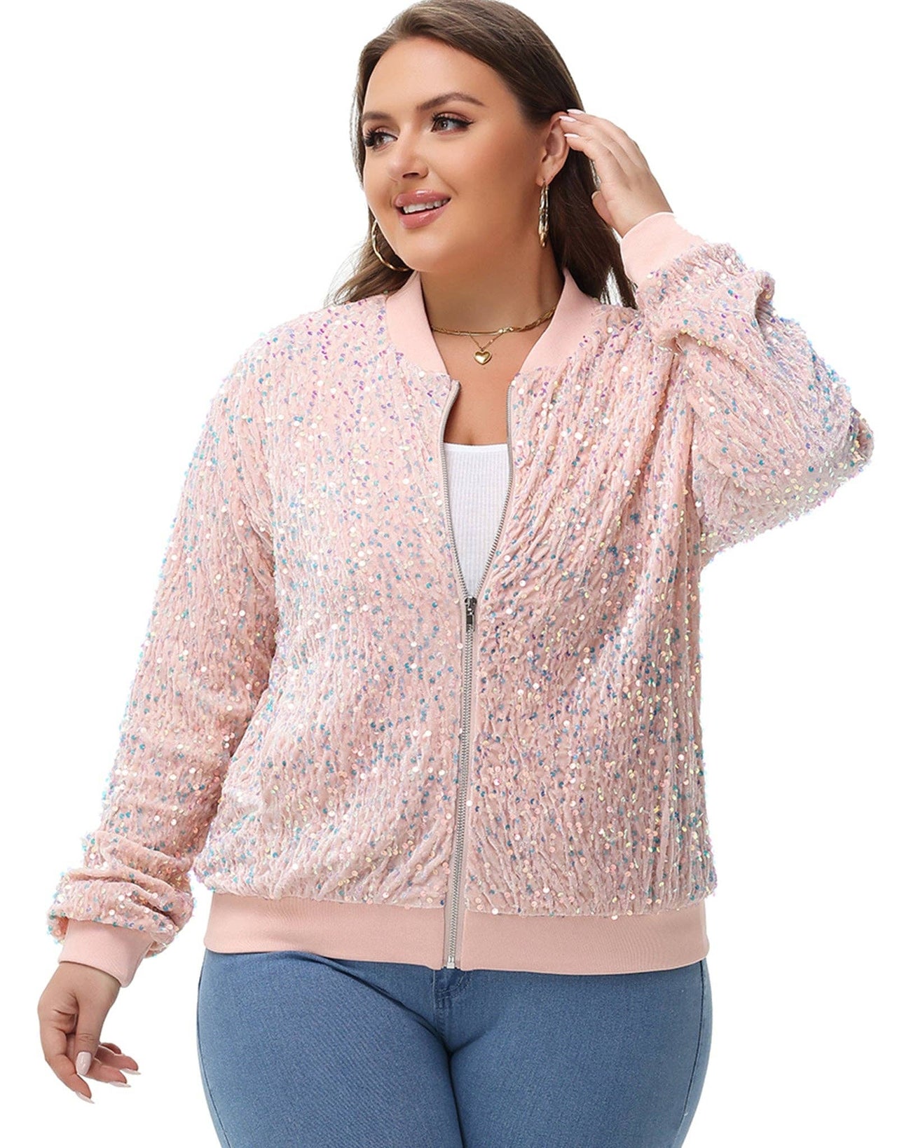 Plus Size Sequin Jacket Sparkly Zip Bomber Coat With Pockets