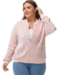 Thumbnail for Plus Size Sequin Jacket Sparkly Zip Bomber Coat With Pockets